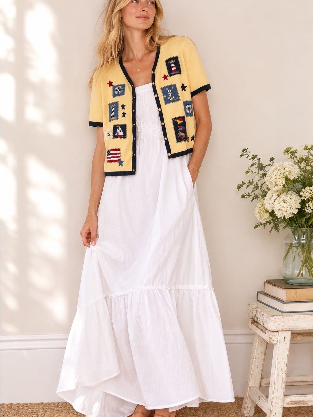 Nautical Embroidered Patchwork Yellow  Cardigan XL